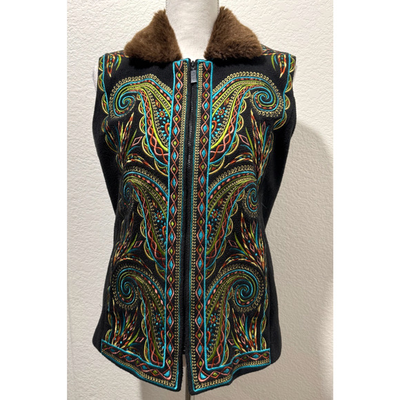 Bob Mackie Wearable Art Jackets & Blazers - Bob Mackie Wearable Art Embroidered Vest w Faux Fur Collar Size S Zip Womens